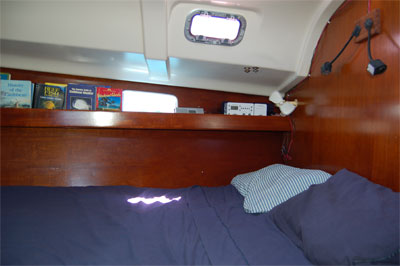 Forward berth book shelves and reading lights 