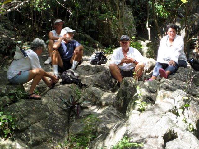 Susie (Eaux Vives), Ellen & Don (Sirius Endeavour), Adrian & Claire (Flyin' Low) at petroglyphs, St. Joh