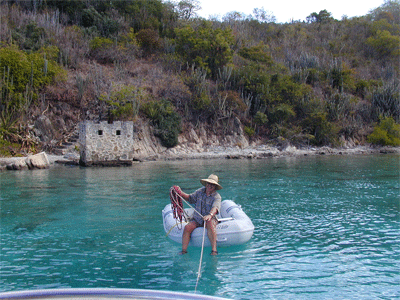 Retrieving stern tie in Little Harbor, Peter Island, BVI