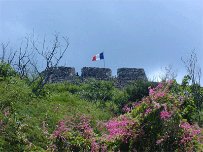 Flag over old fort at Marigot, Ste. Martin.